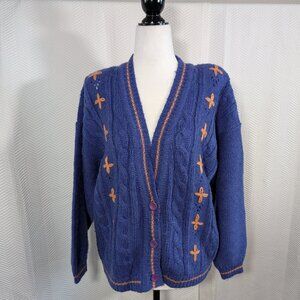 Vintage 80s Chunky Cable Knit Cardigan Blue Orange Wool Blend Est. size M to L